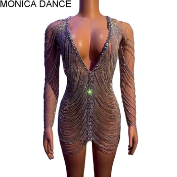 Seksi Sahne Kristaller Zincirler Hollow Elbise Altında Örgü İle Parti Düğün Doğum Günü Dj Kadın Şarkıcı Gece Kulübü See Through kostüm