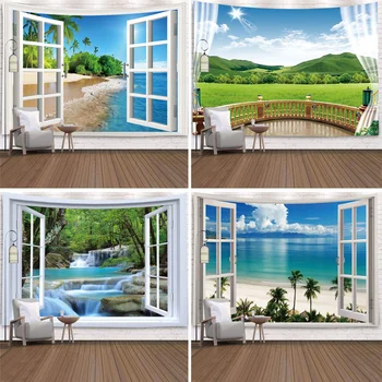 İmitasyon Pencere Peyzaj Goblen Duvar Asılı Tropikal Ağaç Halılar Sanat Ev Dekorasyon Deniz Sunrise Yurt