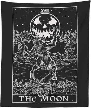 Ay Tarot Kartı Goblen (Siyah & Beyaz) - Kurtadam-Gotik Cadılar Bayramı Ev Dekor