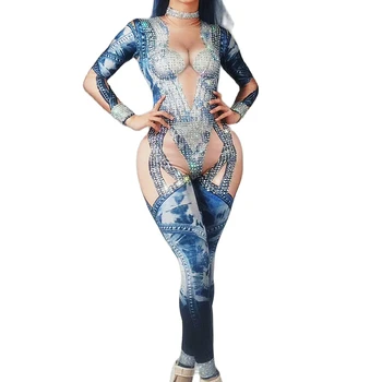 Mavi Rhinestones Çizgili Denim Desen Tayt Tulum Uzun Kollu Streç Kıyafet Kişilik Performans dans kostümü Bayanlar