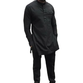 Ziyafet Takım Elbise Siyah Afrika Tarzı erkek Seti Giyim Nijeryalı Moda Katı Erkek Pantolon Takım Elbise Standı Yaka Gömlek + günlük pantolon