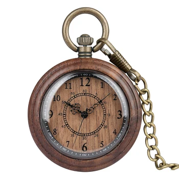 Şık Ahşap Kuvars cep saati Arap Rakamları Ekran Yuvarlak Dial Ahşap cep saati Bronz Fob Zinciri Antika Timepiece Erkek