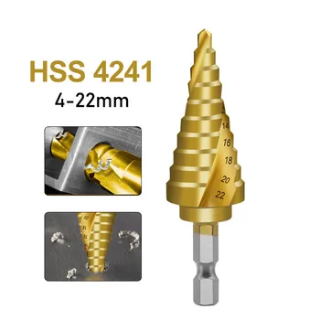 4-22mm Titanyum Kaplama Spiral Oluk Bit 4241 Altıgen Saplı Pagoda Merdiven Bit Yüksek Hızlı Çelik Oyucu Delik Açacağı