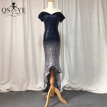 Donanma Kısa Abiye 2021 Mermaid Yan Kollu gece elbisesi Glitter Bölünmüş Parti Elbise Kapalı Omuz Pullu Resmi Elbise