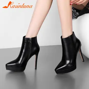 KARINLUNA 2021 Marka Yeni Bayan Hakiki İnek Deri Yüksek Topuklu yarım çizmeler Kadın ayakkabıları Zip Up platform ayakkabılar Kadın Botları