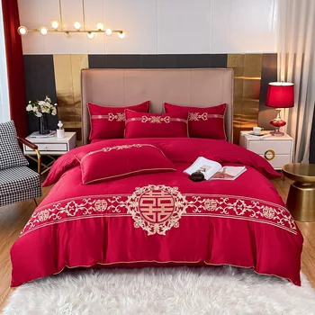 Lüks Kırmızı Çin Düğün Nakış pamuk yatak seti Saten İpeksi Yorgan / Yorgan yatak örtüsü seti çarşaf Çarşaf Yastık Kılıfı