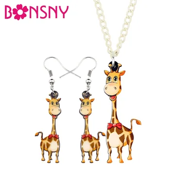 Bonsny Akrilik Mutlu Zürafa Takı Setleri Küpe Bırak Dangle Kolye Kolye Anime Karikatür Hayvan Hediye Kadın Kız Çocuklar Için