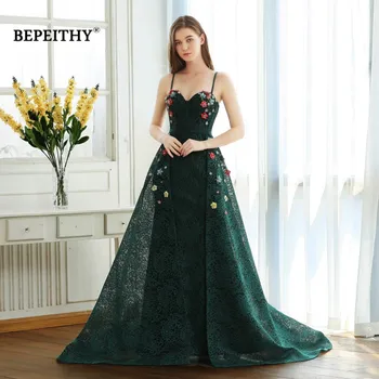 BEPEITHY Yeşil Dantel Uzun balo kıyafetleri Spagetti Sapanlar Çiçekler 2021 Vestido De Festa Akşam Elbise Parti Kıyafeti Sıcak Satış