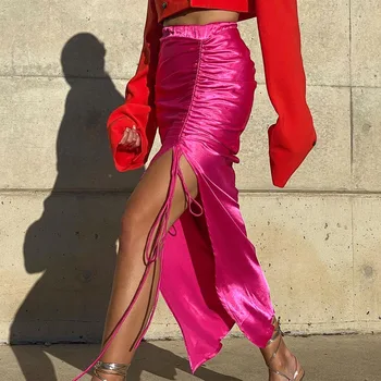 Adogirl Kadın İpli Dantelli Midi Etek Düz Renk Seksi Sıska Yüksek Yarık kalem etek Moda Streetwear Kıyafetler 2021