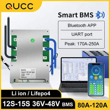 Qucc 13S 14S 15S 48V Akıllı BMS Lifepo4 12S 36V 80A 100A 120A Bluetooth APP UART Ortak Port Dengesi için 3.2 V 3.7 V Pil Paketi