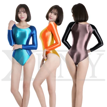 XCKNY Seksi saten İpeksi parlak Tek parça mayo Tayt Yağlı Tulum Bodysuit Renk eşleştirme Ekip boyun üst dip ile