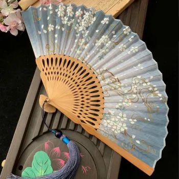 Klasik Kiraz Çiçekleri El Fan Japon Vintage Kumaş yelpaze Taşınabilir Küçük Bayan Dans Hayranları Bronzlaşmaya Zanaat Dans Hayranları