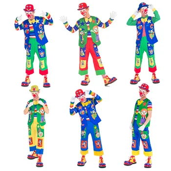 Yetişkin Komik palyaço kostümü Sirk Karnaval süslü elbise Doğum Günü Partisi Kıyafeti, Dahil renkli Yelek + Üst + Şapka + Pantolon + Çorap