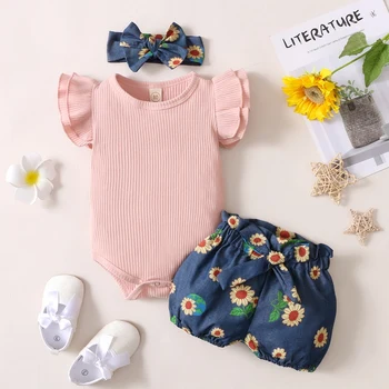 Yaz Bebek Kız Giyim Parlama Kollu Katı Romper Tops Çiçek Şort Kafa Bandı Bebek Kız Kıyafetler Giysileri