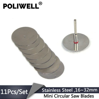 POLIWELL 16mm~32mm Paslanmaz Çelik Mini Dairesel Testere Bıçağı Seti 3mm Sabit Çubuk Plastik Tekerlek Kesme Diski Dremel Döner Aracı için