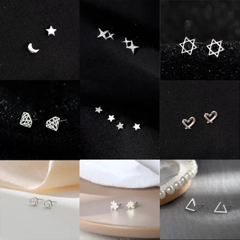 Kore 925 Gümüş İğneler Mini Saplama Küpe Kadınlar için Narin Yıldız Ay Kalp Geometrik Basit Tarzı Sevimli Kulak Çiviler Takı