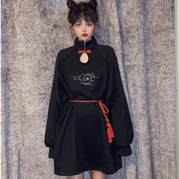 Retro Çin Tarzı Qipao Gevşek Rahat Uzun Kollu Standı Yaka Gotik Kadın Giysileri Japon Asya Streetwear Elbise V2750