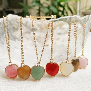 Kalp Kolye Kolye Kadınlar için Aşk Tatlı Kalp Charm Doğal Kuvars Taş Opal Pembe Kristal Sarkaç Gerdanlık Collier Kore