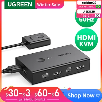 UGREEN HDMI KVM Anahtarı 4K@60Hz USB 2.0 Switcher 2 in 1 Out Yazıcı Monitör Klavye Fare 2 Adet Paylaşımı 1 Cihaz Splitter