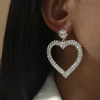 Yeni Moda Büyük Kalp Dangle Küpe Kadınlar için Bijoux Zarif Parlak Tam Rhinestone Kristal Damla Küpe Gelin düğün takısı