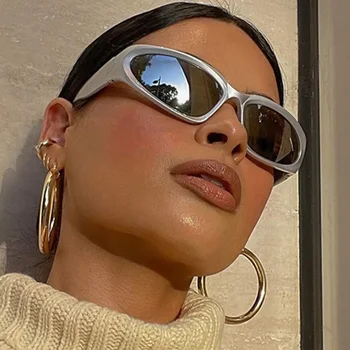 Gümüş y2k Güneş Gözlüğü Gelecek Teknoloji Duygusu Erkekler Kadınlar Trend Gözlük Punk Tarzı güneş gözlüğü Cateye Gözlük Siyah Ayna