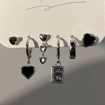 4 ADET / takım Gümüş Renk Metal Püskül Zincir Aşk Kalp Küpe Düzensiz Geometrik Kiraz Hoop Küpe Kadınlar için Hediyeler takı seti