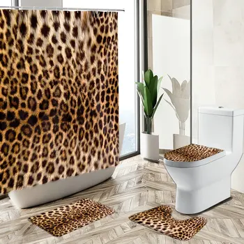 Afrika Leopar Duş Perdesi Vahşi Hayvan Baskı Banyo Dekor Hediye Kaymaz Halı Tuvalet Kapağı Banyo paspas seti Yıkanabilir